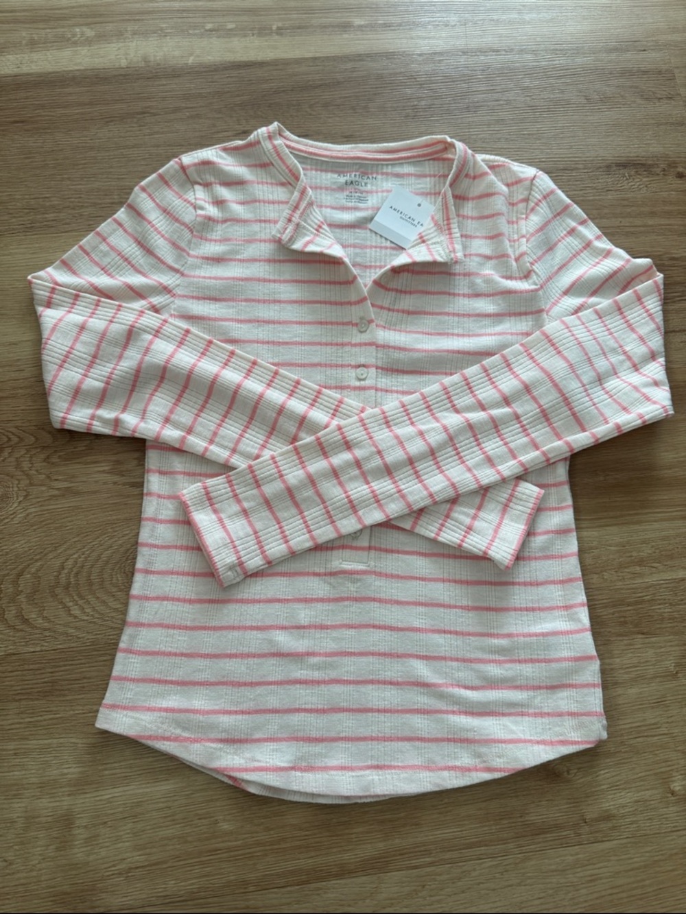 American Eagle Outfitters Cream and Salmon Striped Ribbed Henley NWT